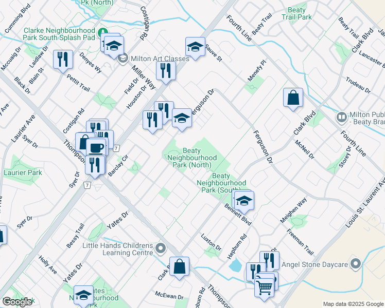 map of restaurants, bars, coffee shops, grocery stores, and more near 670 Bennett Boulevard in Milton