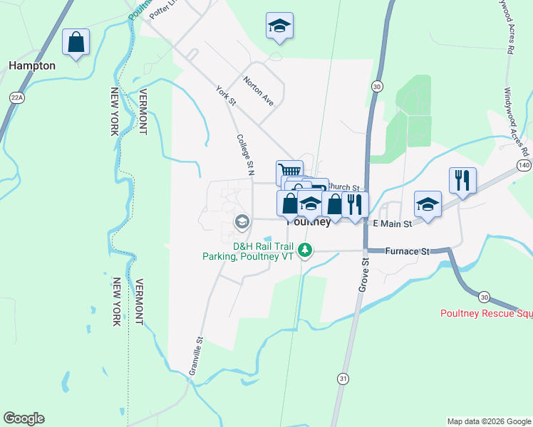 map of restaurants, bars, coffee shops, grocery stores, and more near 60 College Street North in Poultney