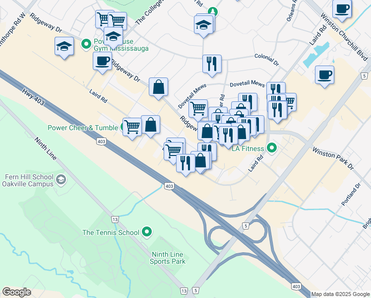 map of restaurants, bars, coffee shops, grocery stores, and more near 3200 Ridgeway Drive in Mississauga