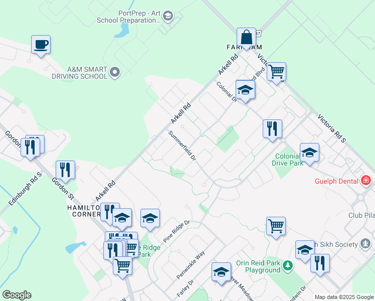 map of restaurants, bars, coffee shops, grocery stores, and more near 93 Amsterdam Crescent in Guelph