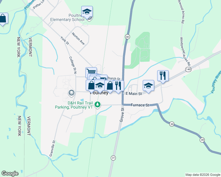 map of restaurants, bars, coffee shops, grocery stores, and more near 88 Main Street in Poultney