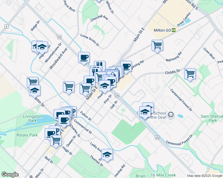 map of restaurants, bars, coffee shops, grocery stores, and more near 22 Ontario Street South in Milton