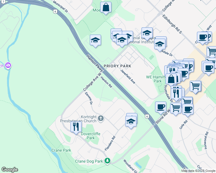 map of restaurants, bars, coffee shops, grocery stores, and more near 625 Hanlon Road in Guelph