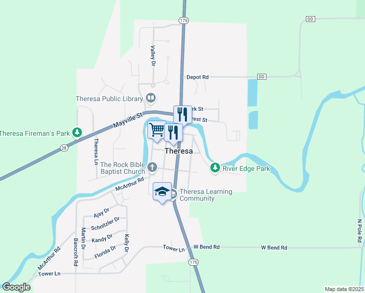 map of restaurants, bars, coffee shops, grocery stores, and more near 106 South Menomonee Street in Theresa