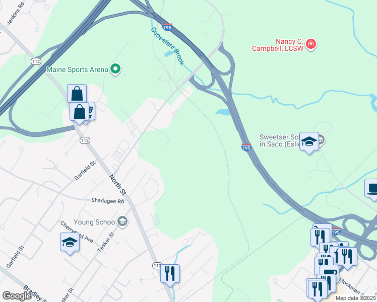 map of restaurants, bars, coffee shops, grocery stores, and more near 291 North Street in Saco