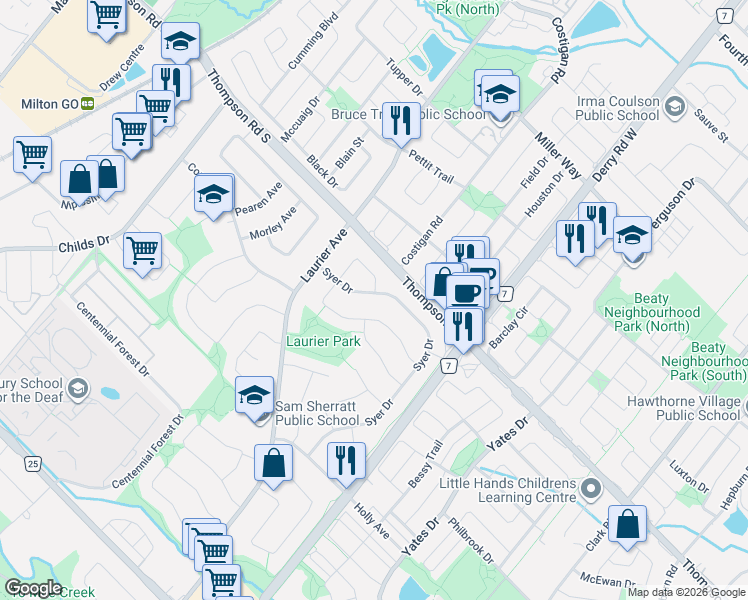 map of restaurants, bars, coffee shops, grocery stores, and more near 849 Syer Drive in Milton