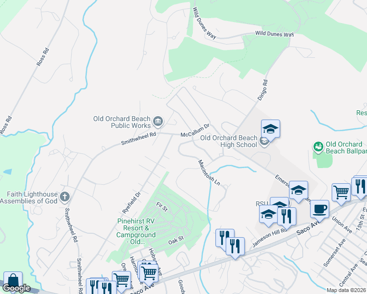map of restaurants, bars, coffee shops, grocery stores, and more near 86 Ryefield Drive in Old Orchard Beach