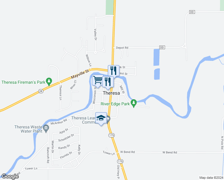 map of restaurants, bars, coffee shops, grocery stores, and more near 117 South Milwaukee Street in Theresa