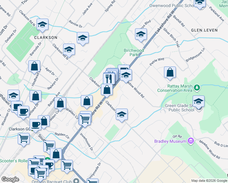 map of restaurants, bars, coffee shops, grocery stores, and more near 1728 A Lakeshore Road West in Mississauga