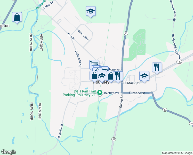 map of restaurants, bars, coffee shops, grocery stores, and more near 55 Depot Street in Poultney
