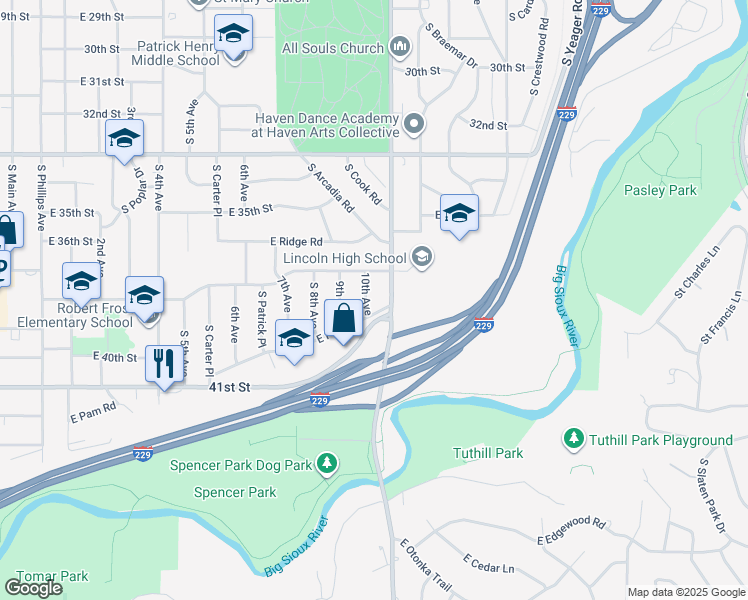 map of restaurants, bars, coffee shops, grocery stores, and more near 3005 South 10th Avenue in Sioux Falls