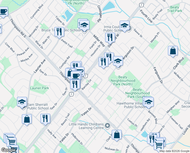 map of restaurants, bars, coffee shops, grocery stores, and more near 1121 Barclay Circle in Milton