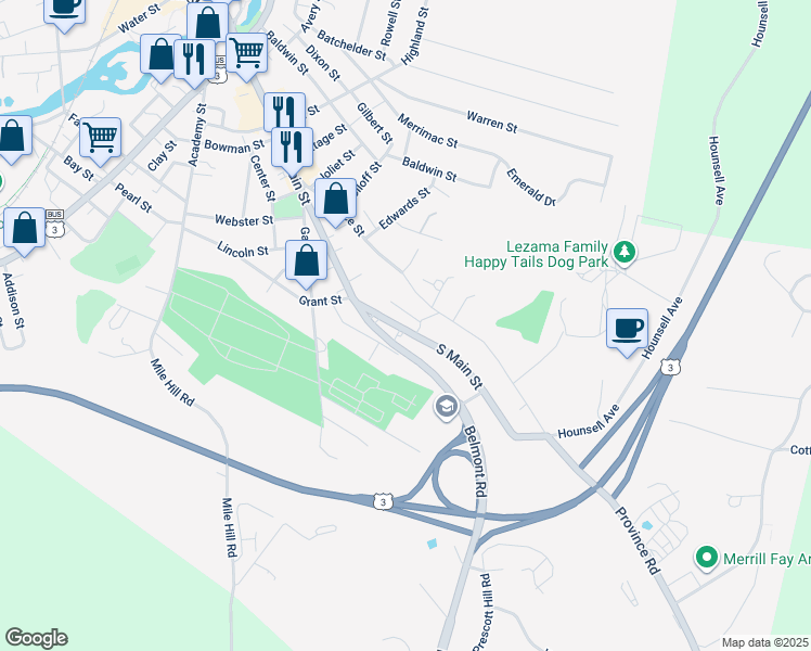 map of restaurants, bars, coffee shops, grocery stores, and more near 145 Province Street in Laconia