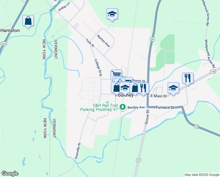 map of restaurants, bars, coffee shops, grocery stores, and more near 60 College Street North in Poultney