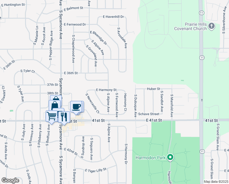 map of restaurants, bars, coffee shops, grocery stores, and more near E Harmony St in Sioux Falls