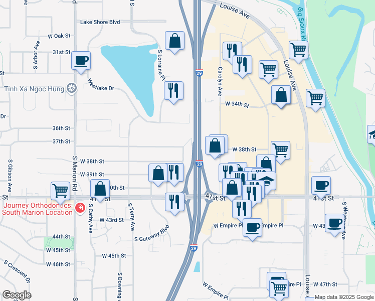 map of restaurants, bars, coffee shops, grocery stores, and more near 4500 West 37th Street in Sioux Falls