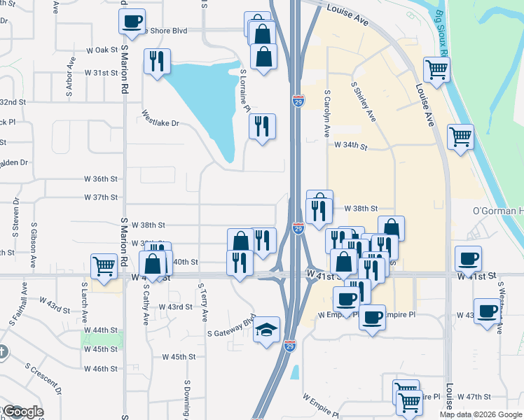 map of restaurants, bars, coffee shops, grocery stores, and more near 4501-4513 West 37th Street in Sioux Falls