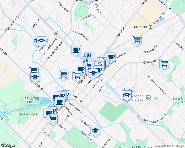 map of restaurants, bars, coffee shops, grocery stores, and more near 22 Ontario Street South in Milton