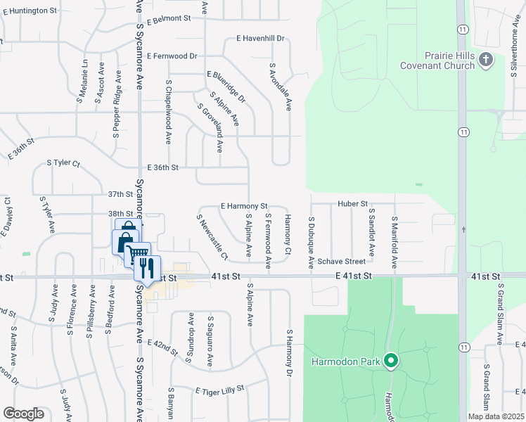 map of restaurants, bars, coffee shops, grocery stores, and more near E Harmony St in Sioux Falls