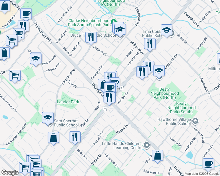 map of restaurants, bars, coffee shops, grocery stores, and more near 9129 Derry Road in Milton