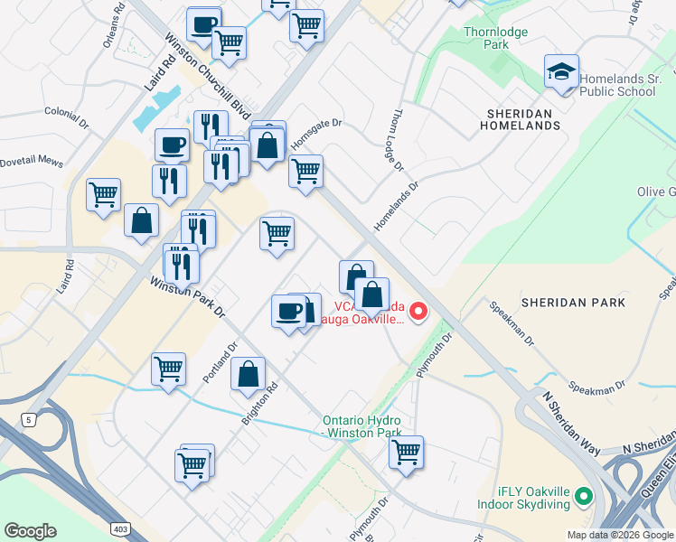 map of restaurants, bars, coffee shops, grocery stores, and more near 2360 Bristol Circle in Oakville