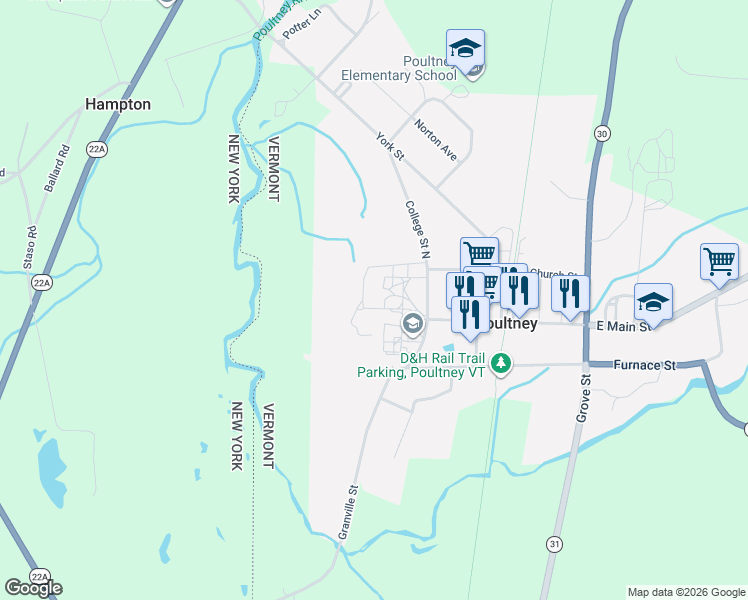 map of restaurants, bars, coffee shops, grocery stores, and more near 1 Rae Terrace in Poultney