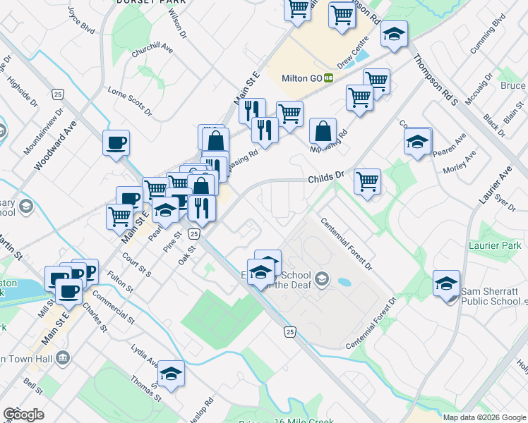 map of restaurants, bars, coffee shops, grocery stores, and more near 550 Childs Drive in Milton