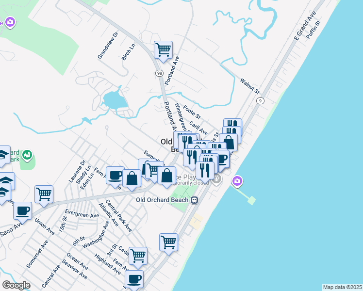 map of restaurants, bars, coffee shops, grocery stores, and more near 2 Veterans Square in Old Orchard Beach