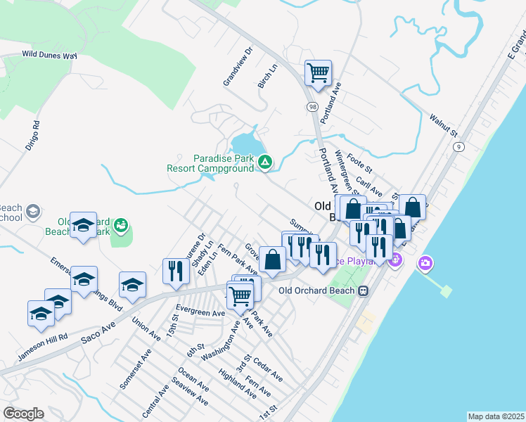 map of restaurants, bars, coffee shops, grocery stores, and more near 58 School Street in Old Orchard Beach