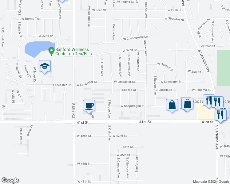 map of restaurants, bars, coffee shops, grocery stores, and more near 7813 West Lobelia Street in Sioux Falls