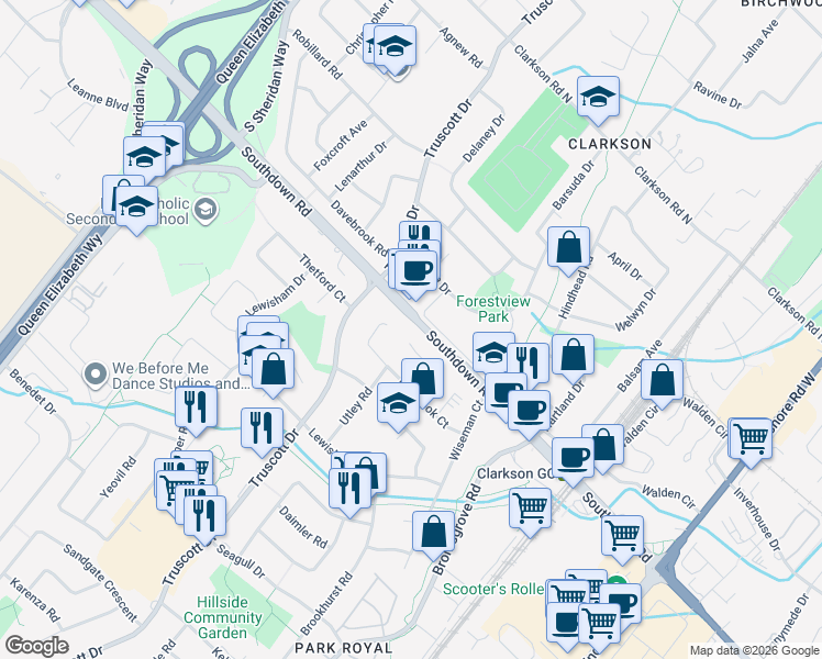 map of restaurants, bars, coffee shops, grocery stores, and more near 1353 Canford Crescent in Mississauga