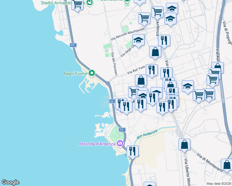 map of restaurants, bars, coffee shops, grocery stores, and more near 367 Via Giovanni Salvestri in Livorno