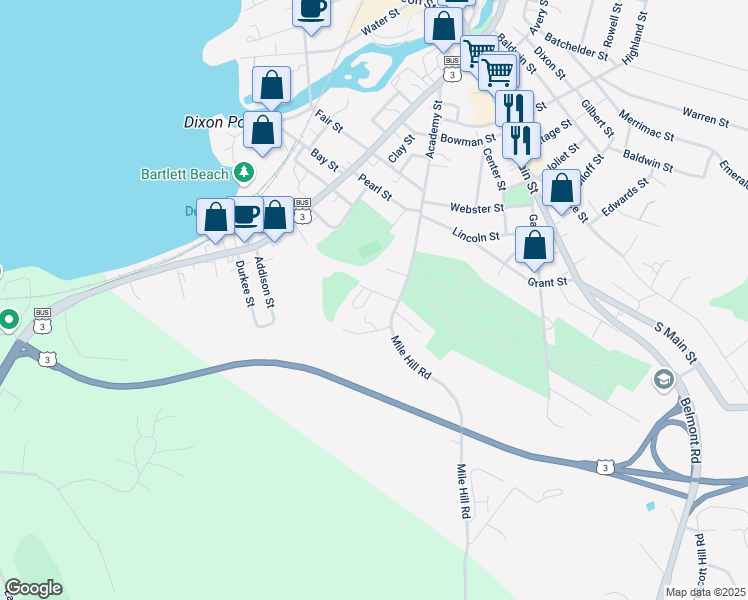 map of restaurants, bars, coffee shops, grocery stores, and more near 20 South Street in Laconia