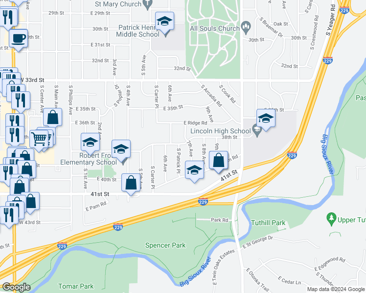 map of restaurants, bars, coffee shops, grocery stores, and more near 805-809 East 38th Street in Sioux Falls