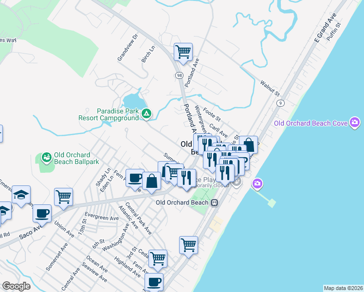 map of restaurants, bars, coffee shops, grocery stores, and more near 10 B Street in Old Orchard Beach