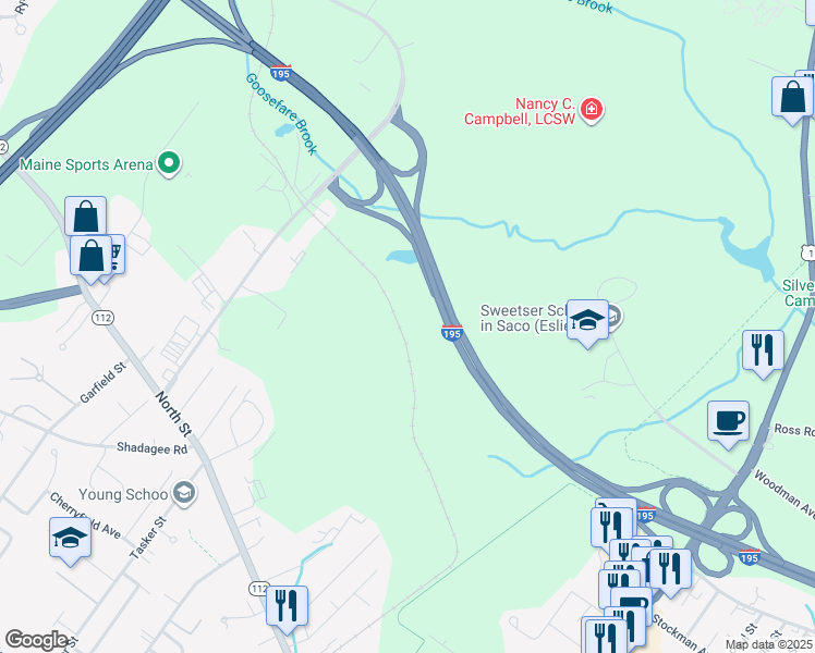 map of restaurants, bars, coffee shops, grocery stores, and more near 291 North Street in Saco