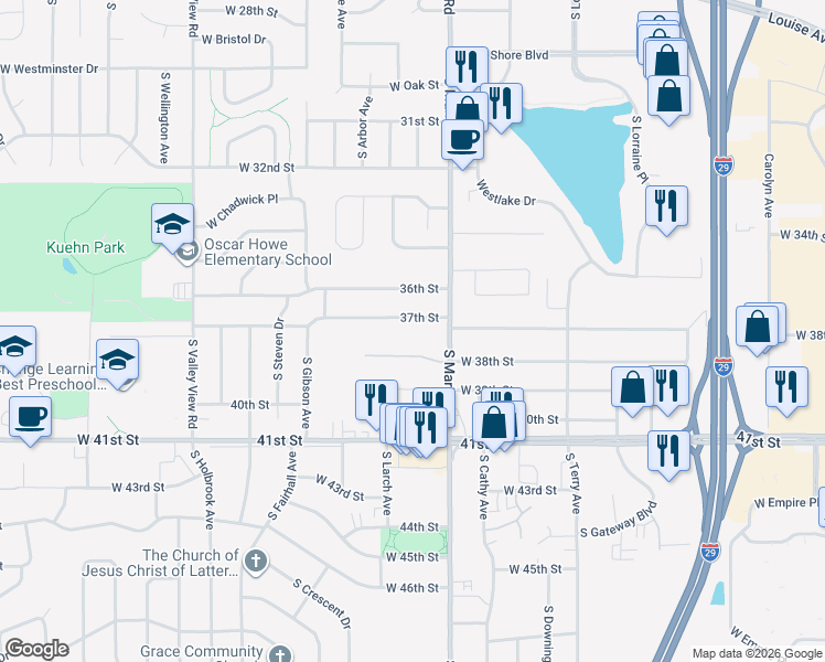 map of restaurants, bars, coffee shops, grocery stores, and more near in Sioux Falls