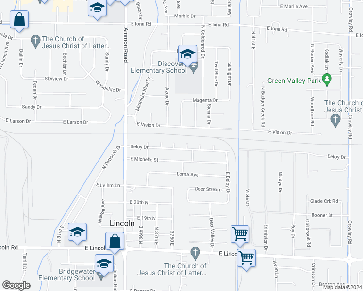 map of restaurants, bars, coffee shops, grocery stores, and more near 3765 Deloy Drive in Idaho Falls