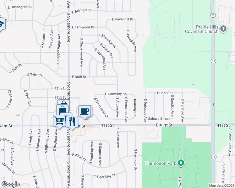 map of restaurants, bars, coffee shops, grocery stores, and more near East Harmony Street in Sioux Falls
