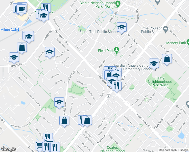 map of restaurants, bars, coffee shops, grocery stores, and more near 848 Syer Drive in Milton