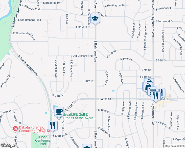 map of restaurants, bars, coffee shops, grocery stores, and more near 3500 E Ironwood Cir in Sioux Falls