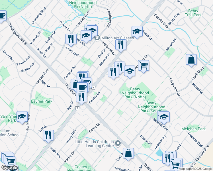 map of restaurants, bars, coffee shops, grocery stores, and more near 1104 Barclay Circle in Milton