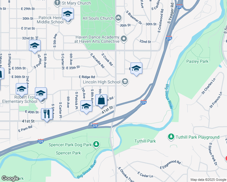 map of restaurants, bars, coffee shops, grocery stores, and more near 3005 South Cliff Avenue in Sioux Falls