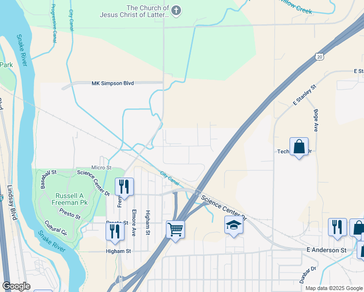 map of restaurants, bars, coffee shops, grocery stores, and more near Energy Drive in Idaho Falls