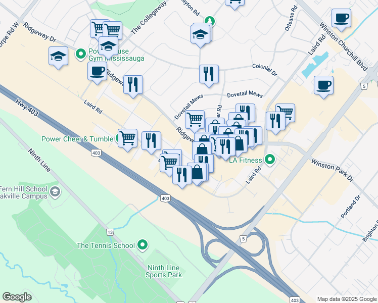 map of restaurants, bars, coffee shops, grocery stores, and more near 3200 Ridgeway Drive in Mississauga