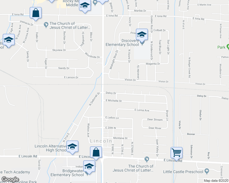 map of restaurants, bars, coffee shops, grocery stores, and more near 3565 Deloy Drive in Idaho Falls