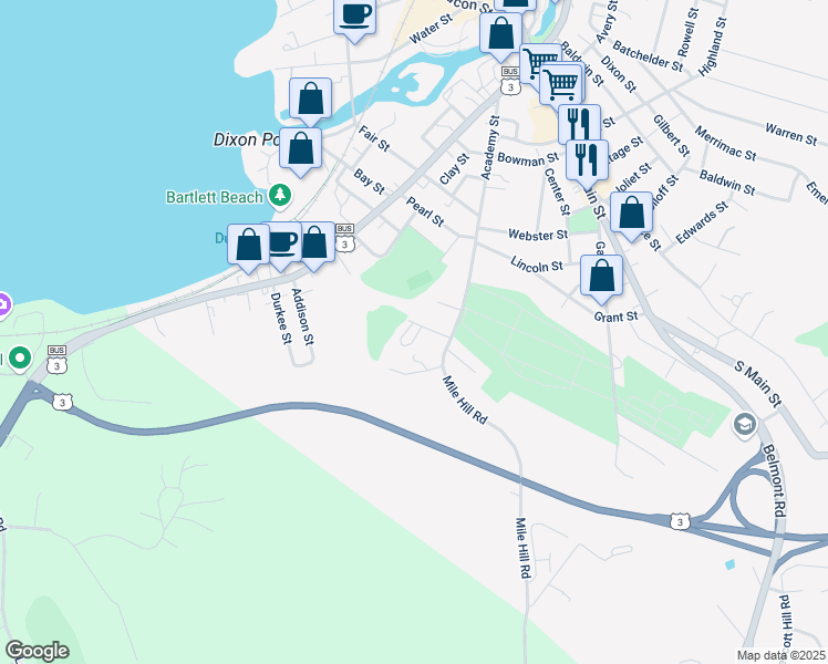map of restaurants, bars, coffee shops, grocery stores, and more near 20 South Street in Laconia