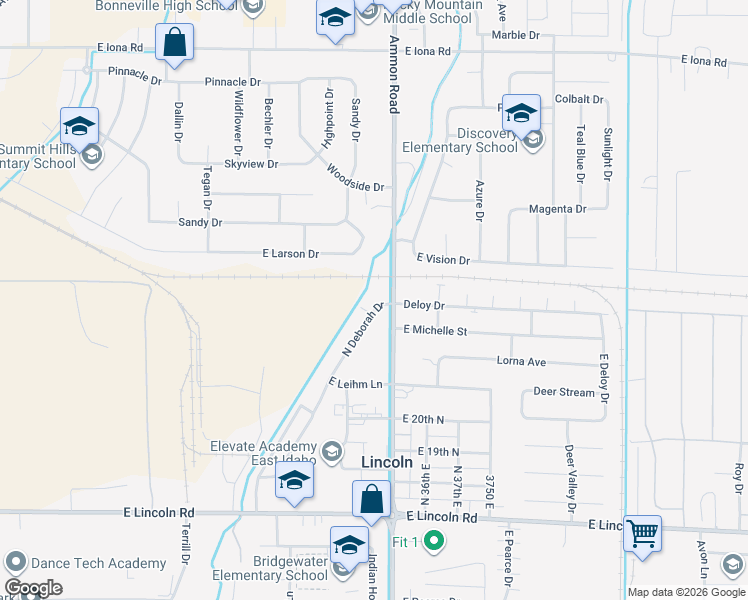 map of restaurants, bars, coffee shops, grocery stores, and more near 2431 North Deborah Drive in Idaho Falls