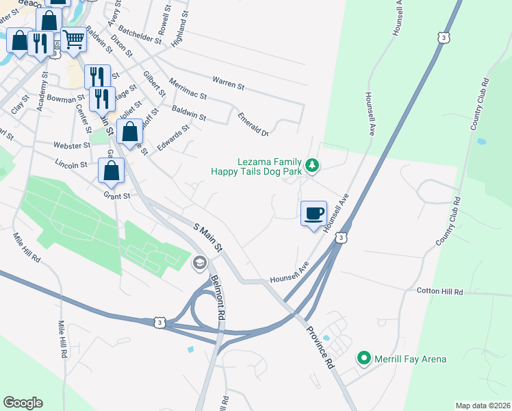 map of restaurants, bars, coffee shops, grocery stores, and more near 184-196 Province Street in Laconia