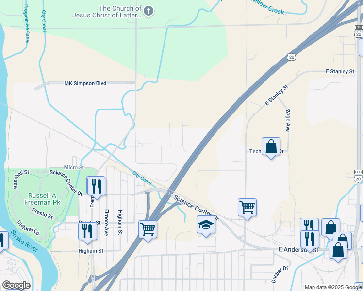 map of restaurants, bars, coffee shops, grocery stores, and more near 337 Energy Drive in Idaho Falls